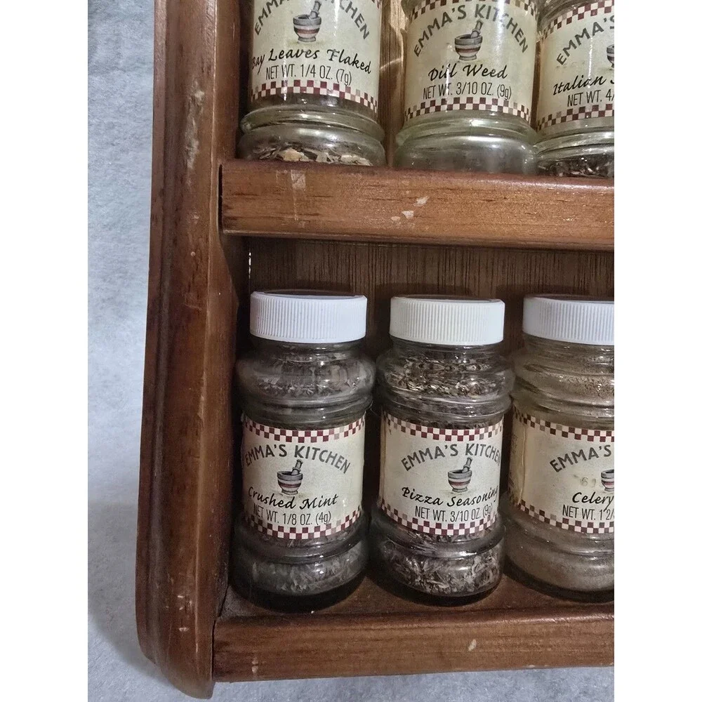 Vintage Emma's Kitchen Wooden Spice Rack 2 Tier Wall Mount 10 Glass Jars MCM